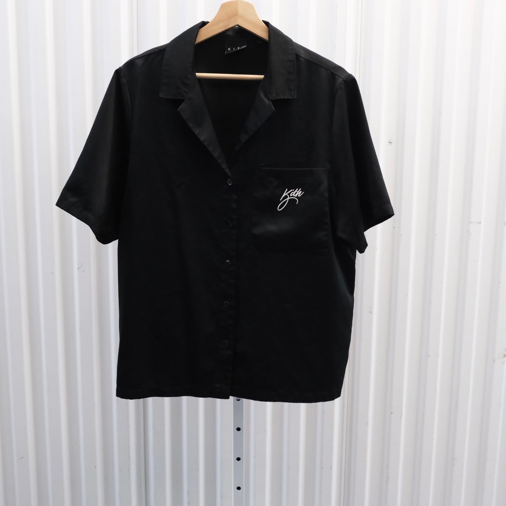 Kith Button Down Silk Shirt Women Size Large Black Short Sleeve Logo Pocket